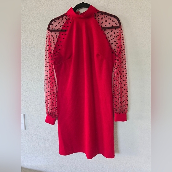 Shein Contrast Dress Womens Sz L Red Dolby Mesh Cap Sleeves Dark Romantic - Picture 2 of 11
